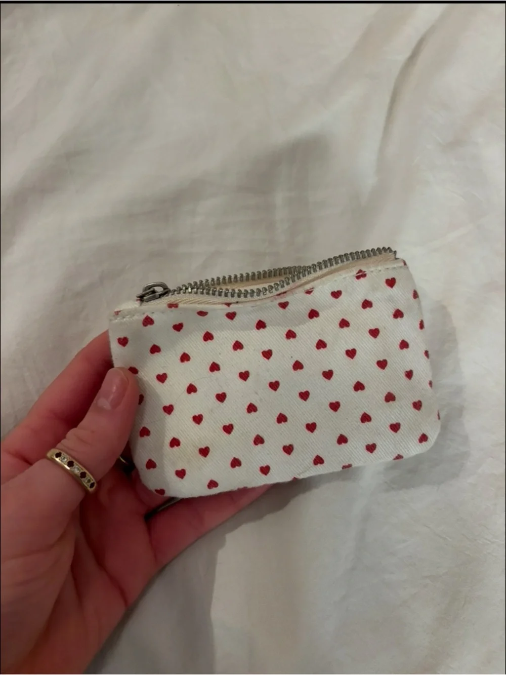 Small White Coin Purse with Red Heart Print - Women's Accessory